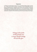Inside of a holiday greeting card featuring a historical description of the Chicago & North Western 49er train, with a heartfelt message: 'Wishing you miles of smiles and lots of Christmas cheer to carry you through the holidays and into the New Year!'