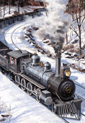 Vintage steam locomotive, 'Consolidation' No. 204, traveling through a snowy winter landscape with tracks curving around bare trees, evoking a nostalgic holiday scene.