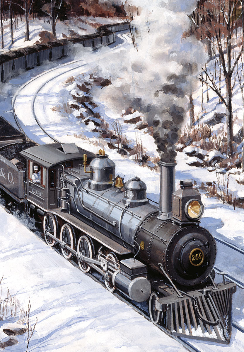 Vintage steam locomotive, 'Consolidation' No. 204, traveling through a snowy winter landscape with tracks curving around bare trees, evoking a nostalgic holiday scene.