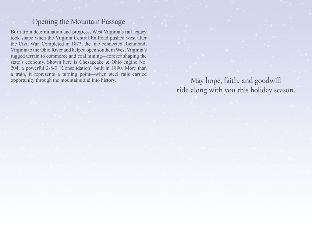 Interior of a holiday greeting card featuring a historical note about the Chesapeake & Ohio engine No. 204 and the text 'May hope, faith, and goodwill ride along with you this holiday season' on a soft, snowy background.