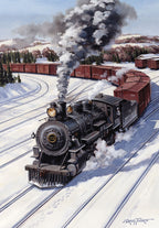 Vintage steam locomotive 172 from Bangor & Aroostook Railroad chugging through a snow-covered winter landscape with freight cars, detailed artwork for a holiday greeting card.