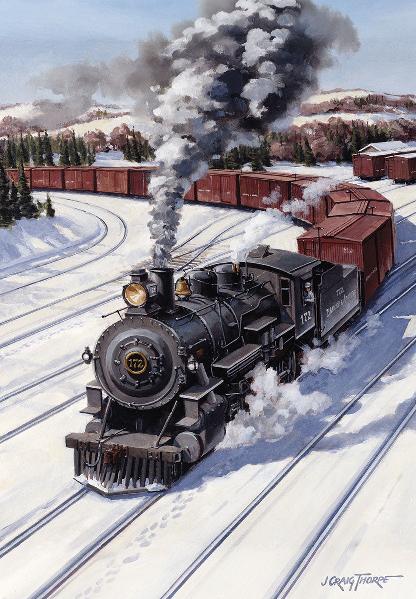 Vintage steam locomotive 172 from Bangor & Aroostook Railroad chugging through a snow-covered winter landscape with freight cars, detailed artwork for a holiday greeting card.