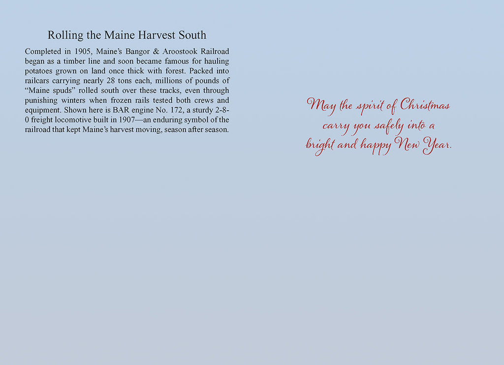 Inside of a Christmas greeting card with a historical description of Maine's Bangor & Aroostook Railroad on the left and a festive message 'May the spirit of Christmas carry you safely into a bright and happy New Year' on the right.