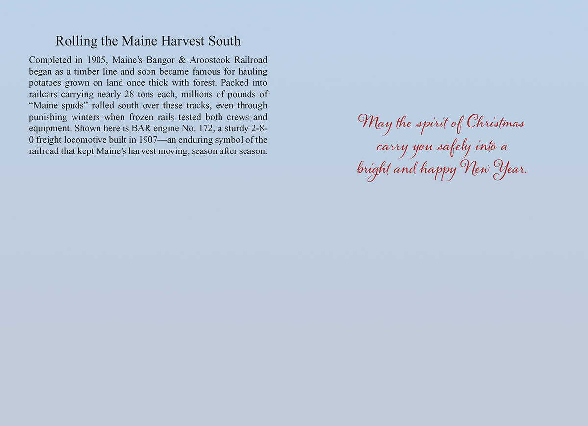 Inside of a Christmas greeting card with a historical description of Maine's Bangor & Aroostook Railroad on the left and a festive message 'May the spirit of Christmas carry you safely into a bright and happy New Year' on the right.