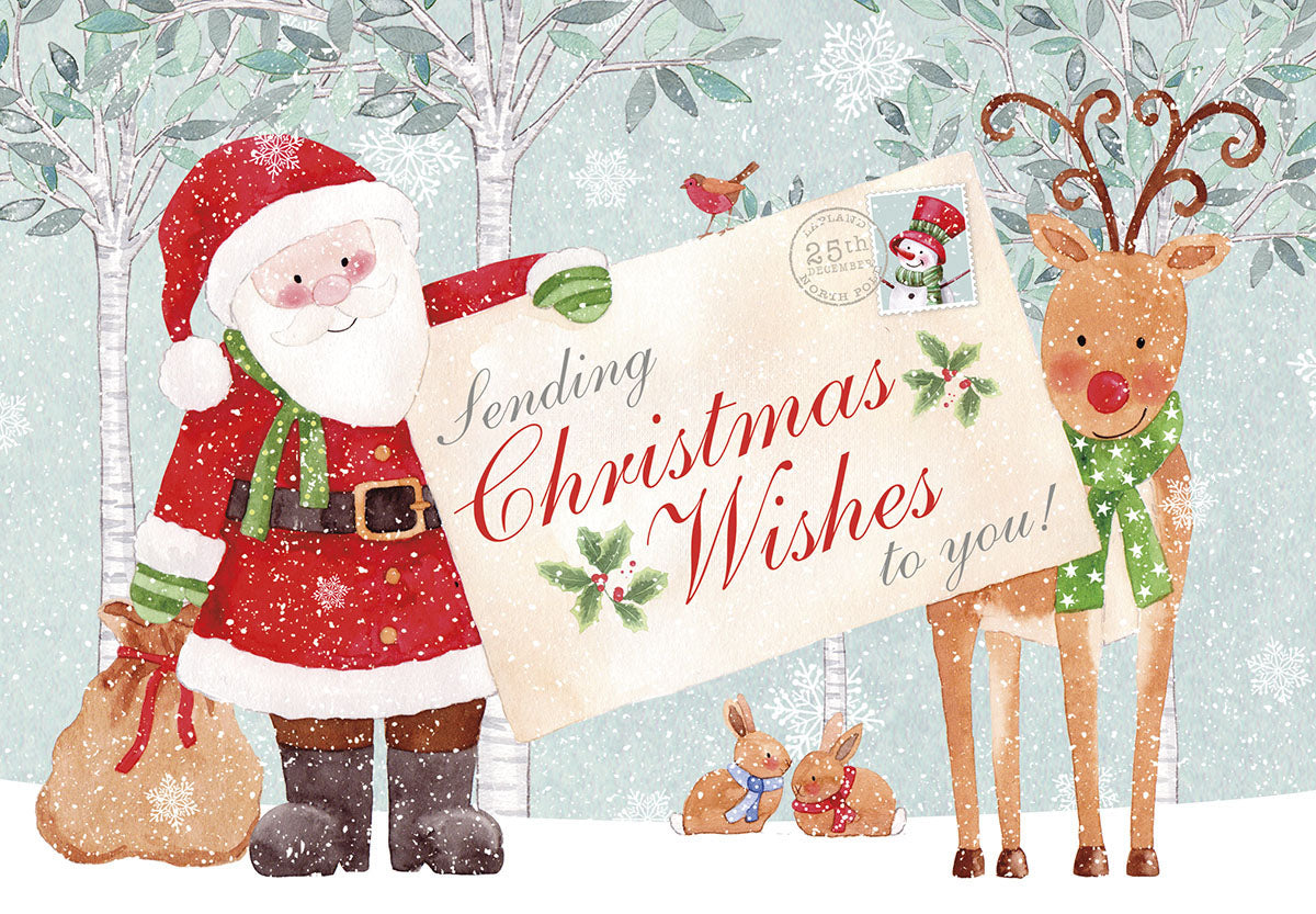 Charming holiday greeting card featuring Santa Claus, a reindeer, and two cute bunnies in a snowy birch forest, holding an envelope with 'Sending Wishes' text. Perfect for festive celebrations and spreading cheer.