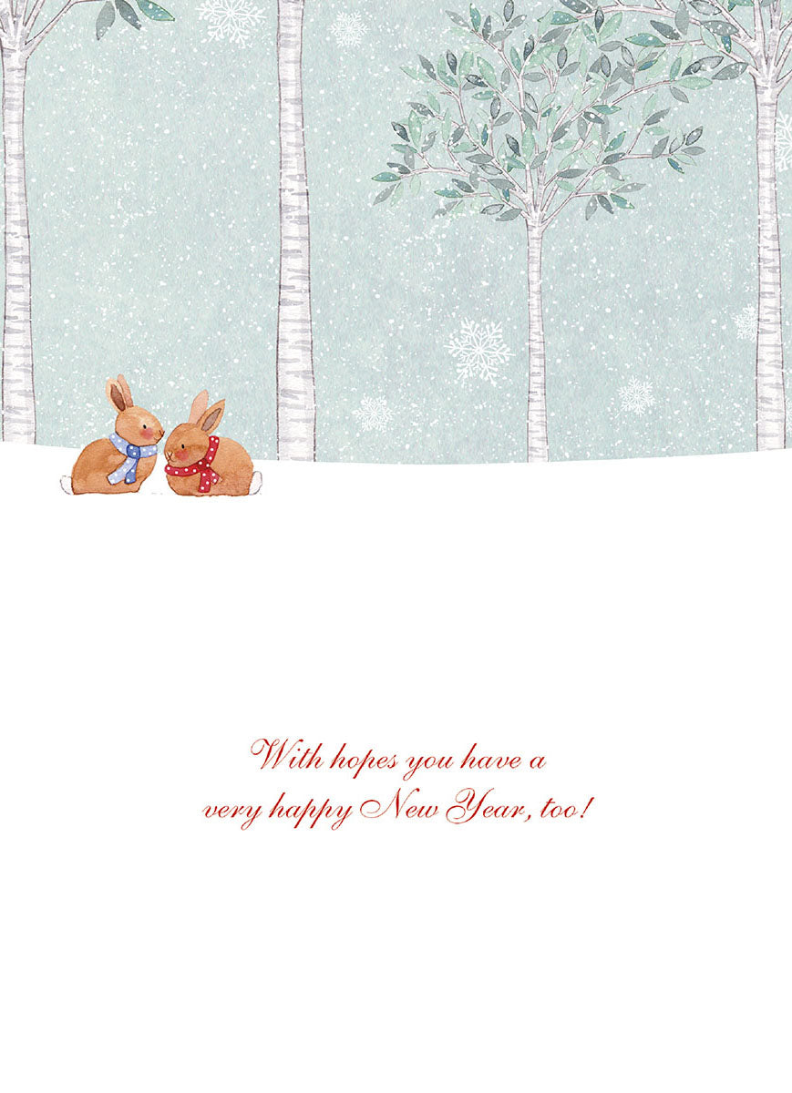 Inside of a festive greeting card with a winter wonderland backdrop of birch trees and snowflakes, two sweet bunnies, and the message 'With hopes you have a very happy New Year, too!'. Ideal for children's holiday wishes.
