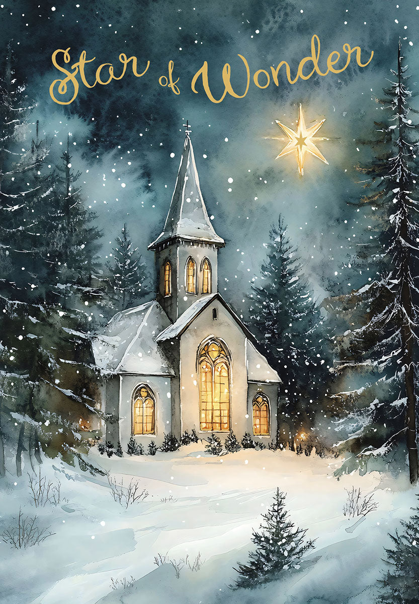 Religious Christmas card featuring a watercolor illustration of a snow-covered church with glowing windows among pine trees at night, under a sky with a radiant star, falling snow. The text 'Star of Wonder' in golden script.