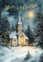 Religious Christmas card featuring a watercolor illustration of a snow-covered church with glowing windows among pine trees at night, under a sky with a radiant star, falling snow. The text 'Star of Wonder' in golden script.