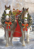 Front of a heartfelt holiday greeting card featuring two majestic horses adorned with festive wreaths and red bows, pulling a gift-filled red sleigh through a snowy winter wonderland.