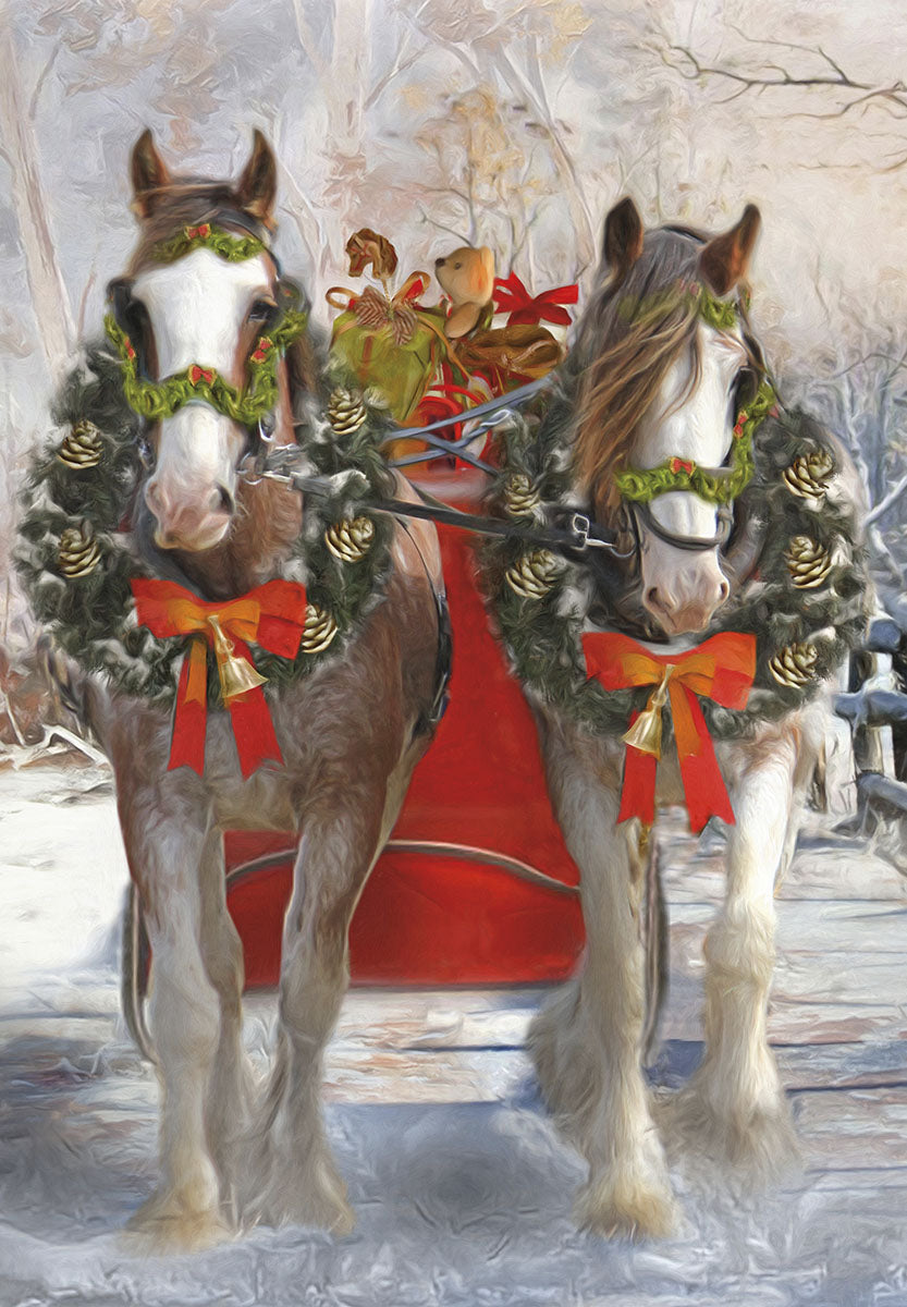 Front of a heartfelt holiday greeting card featuring two majestic horses adorned with festive wreaths and red bows, pulling a gift-filled red sleigh through a snowy winter wonderland.