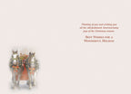 Inside view of the holiday greeting card, showing a smaller depiction of the horse-drawn sleigh on the left and a heartfelt printed message on the right: 'Thinking of you and wishing you all the old-fashioned, heartwarming joys of the Christmas season. BEST WISHES FOR A WONDERFUL HOLIDAY'.