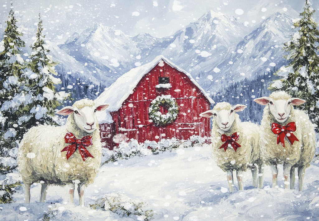 Heartfelt holiday greeting card featuring three white sheep with red bows in a snowy mountain landscape with a classic red barn and festive wreath, perfect for sending warm winter season greetings.