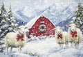 Heartfelt holiday greeting card featuring three white sheep with red bows in a snowy mountain landscape with a classic red barn and festive wreath, perfect for sending warm winter season greetings.