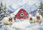 Heartfelt holiday greeting card featuring three white sheep with red bows in a snowy mountain landscape with a classic red barn and festive wreath, perfect for sending warm winter season greetings.