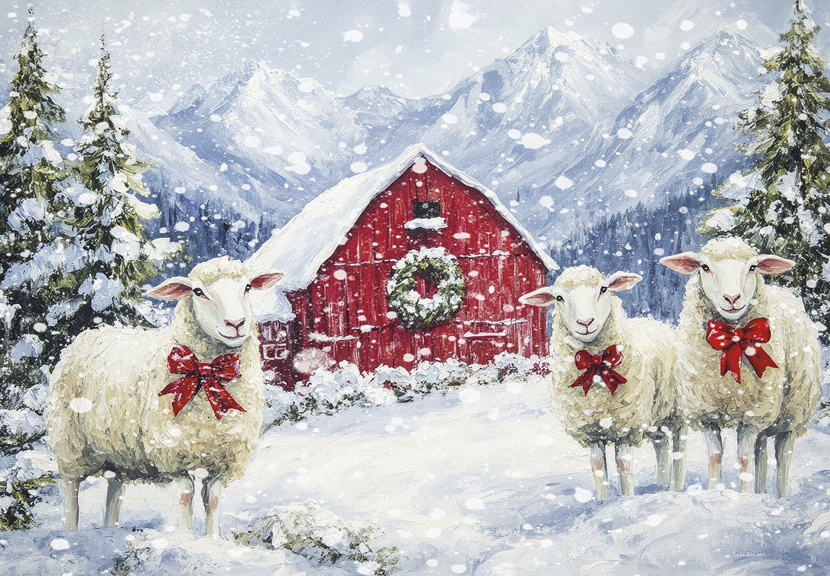 Heartfelt holiday greeting card featuring three white sheep with red bows in a snowy mountain landscape with a classic red barn and festive wreath, perfect for sending warm winter season greetings.