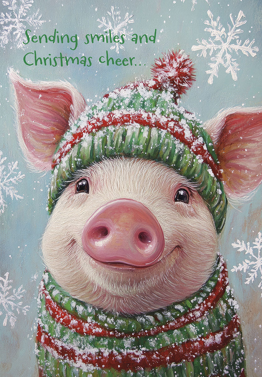 Adorable smiling pig in a festive red and green knitted hat and scarf, covered in snowflakes, conveying holiday cheer. Front of a cute winter greeting card.