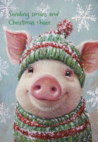 Adorable smiling pig in a festive red and green knitted hat and scarf, covered in snowflakes, conveying holiday cheer. Front of a cute winter greeting card.