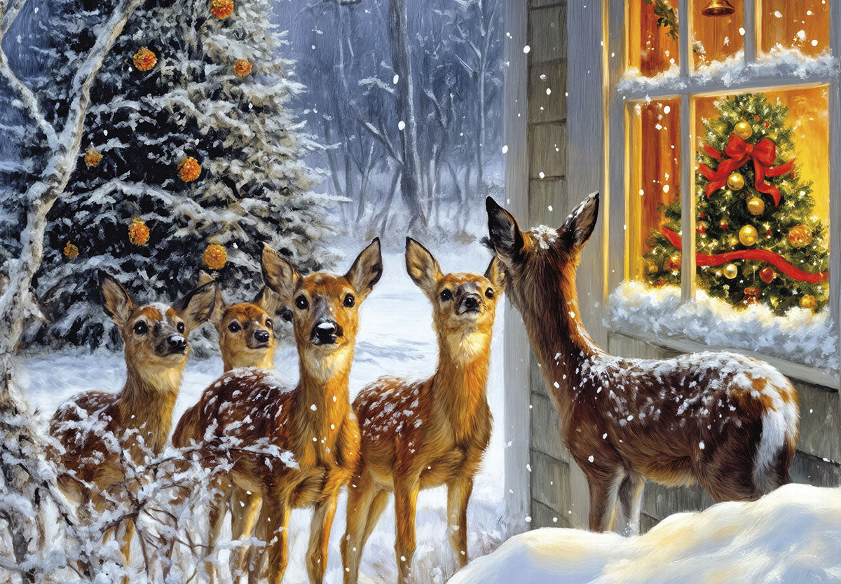 Enchanting winter scene greeting card featuring a family of deer gathered outside a cozy home with a glowing, decorated evergreen tree, set against a backdrop of falling snow and a festive illuminated window.