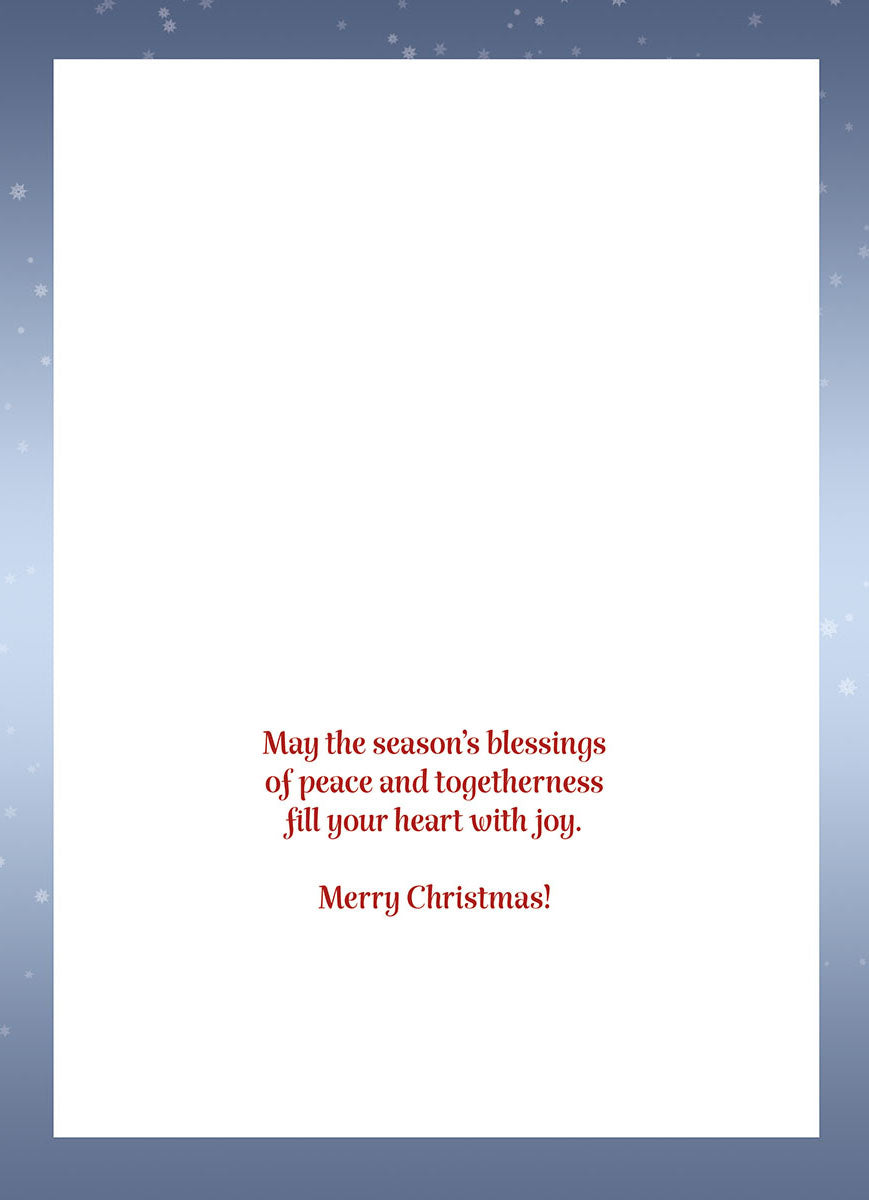 Inside of a heartfelt holiday greeting card displaying the message: 'May the season's blessings of peace and togetherness fill your heart with joy. Merry Christmas!'