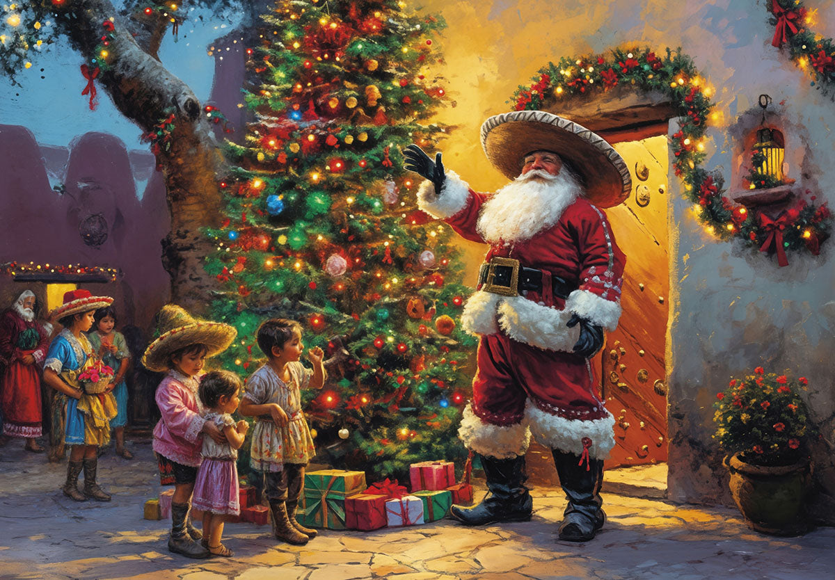 Santa in a festive sombrero greeting smiling children next to a brightly decorated evergreen tree and wrapped presents, evoking a warm holiday scene.