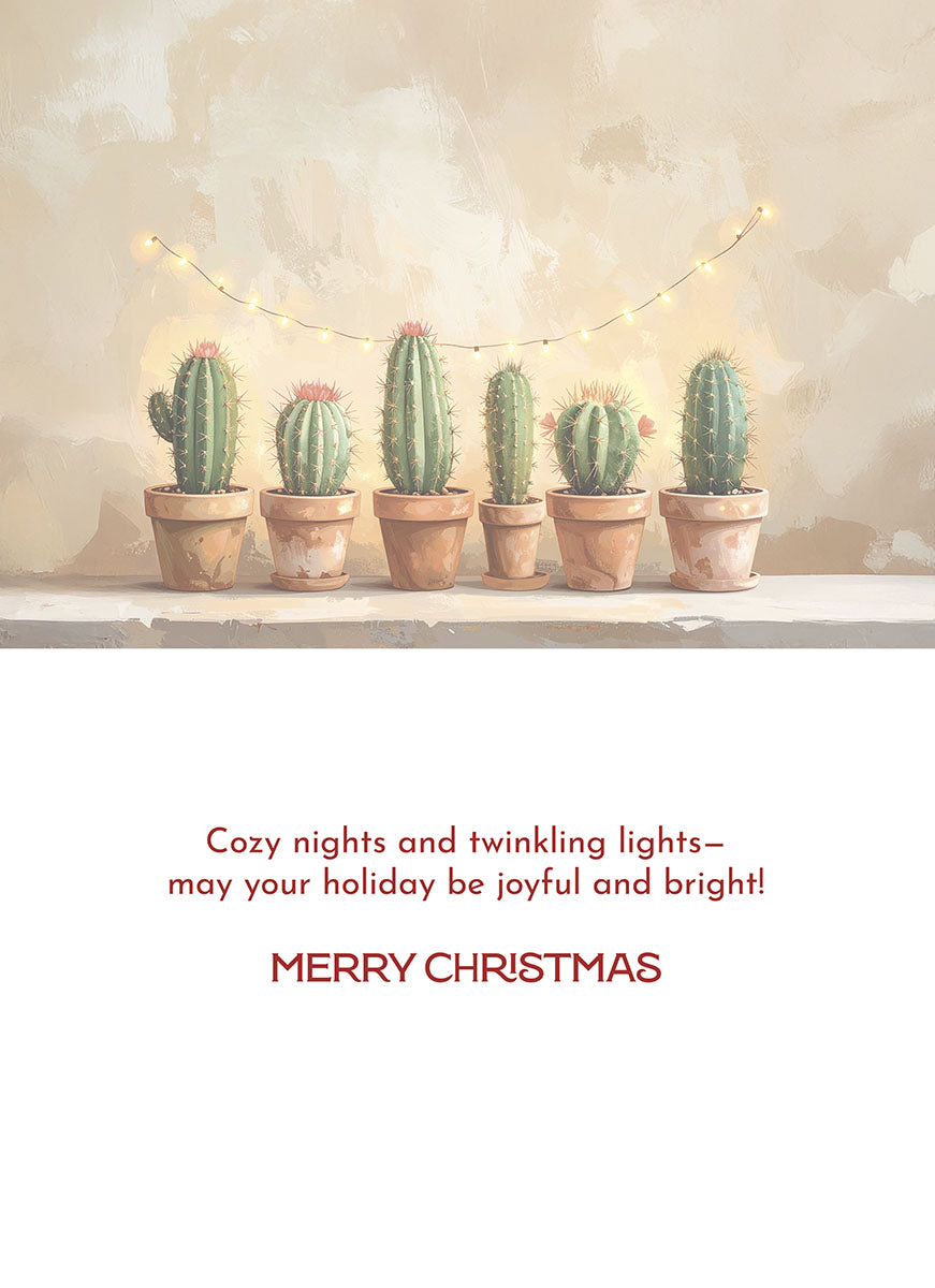 Inside of a modern holiday greeting card featuring potted cacti adorned with subtle string lights above, with a heartfelt message: "Cozy nights and twinkling lights—may your holiday be joyful and bright! MERRY CHRISTMAS."