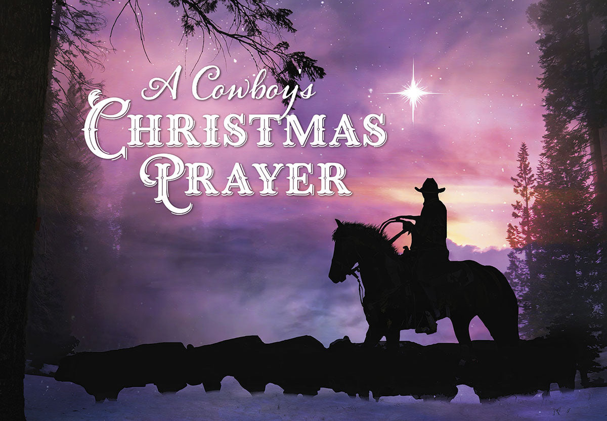 Front cover of a 'Prairie Star Hope' greeting card featuring a cowboy on horseback silhouetted against a purple and pink twilight sky with a bright star and snow-dusted pine trees, evoking a peaceful, religious western holiday scene.