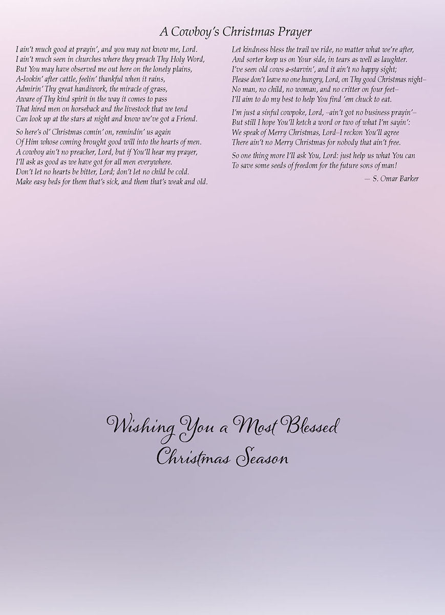 Inside view of the 'Prairie Star Hope' greeting card displaying the full 'A Cowboy's Christmas Prayer' poem by S. Ontar Barker on a soft gradient background, along with a 'Wishing You a Most Blessed Christmas Season' message, ready for personal inscription.