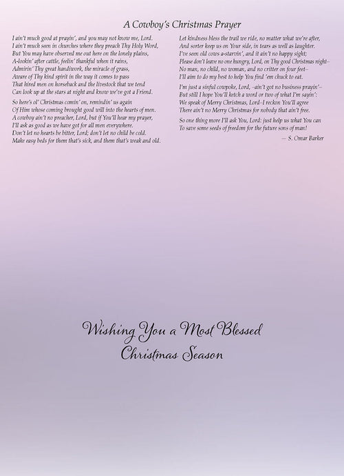 Close-up of the inside of a greeting card displaying a heartfelt 'A Cowboy's Christmas Prayer' poem by S. Ontar Barker, with 'Wishing you a Most Blessed Christmas Season' at the bottom.