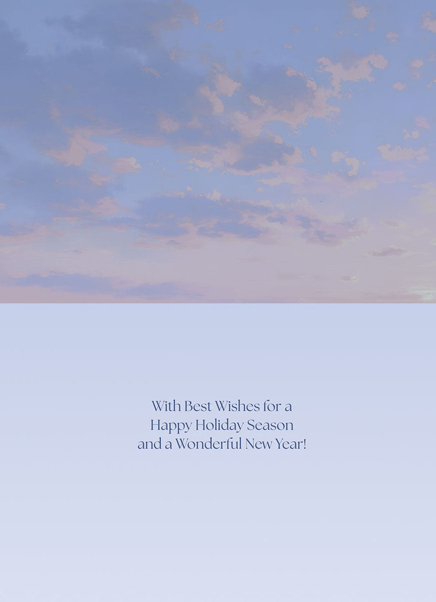 Inside of a holiday greeting card with a soft blue sky background, featuring the warm message: 'With Best Wishes for a Happy Holiday Season and a Wonderful New Year!'.