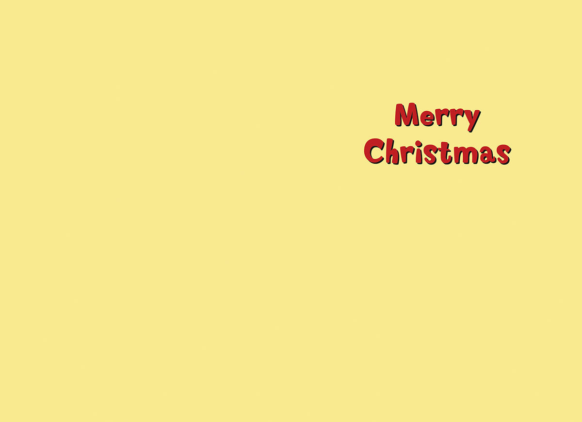 Inside of a cheerful yellow Christmas greeting card with the bold red text 'Merry Christmas' in the center, ready for a personalized holiday message.