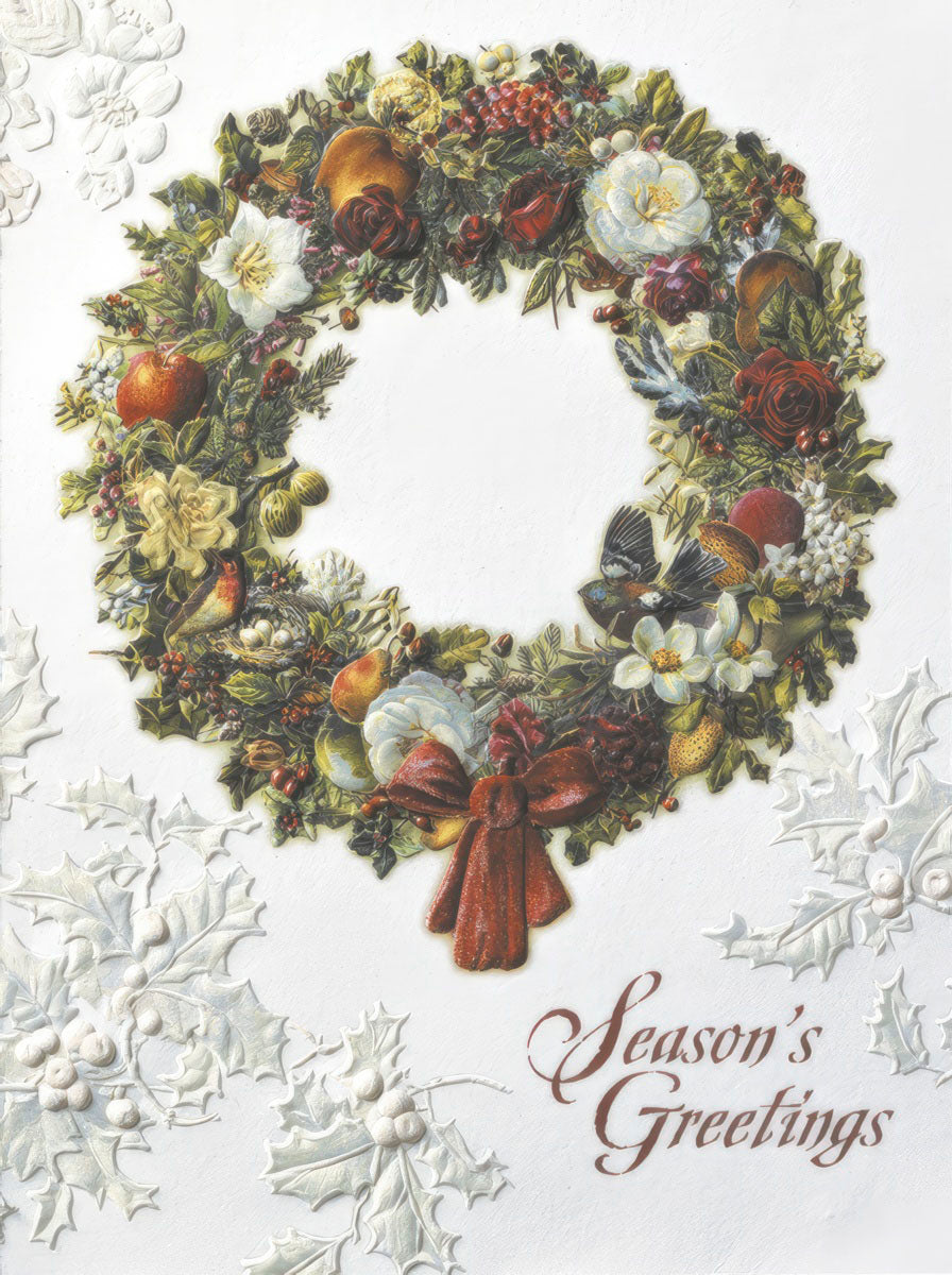 Season's Greetings Wreath Embossed Christmas Card