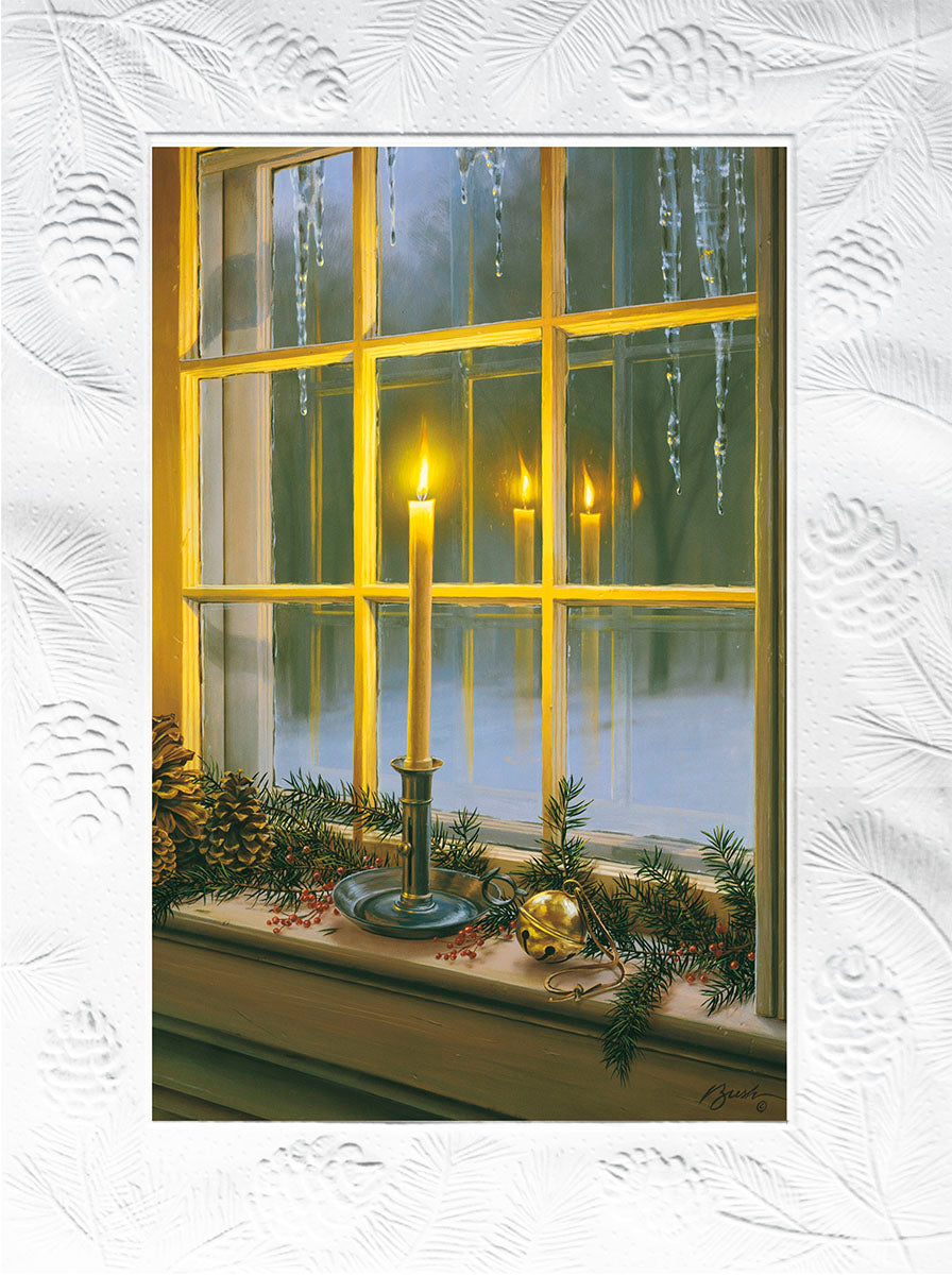 Traditional holiday greeting card featuring a glowing candle in a snowy window framed by festive winter greenery, pinecones, and icicles, with an elegant embossed border.