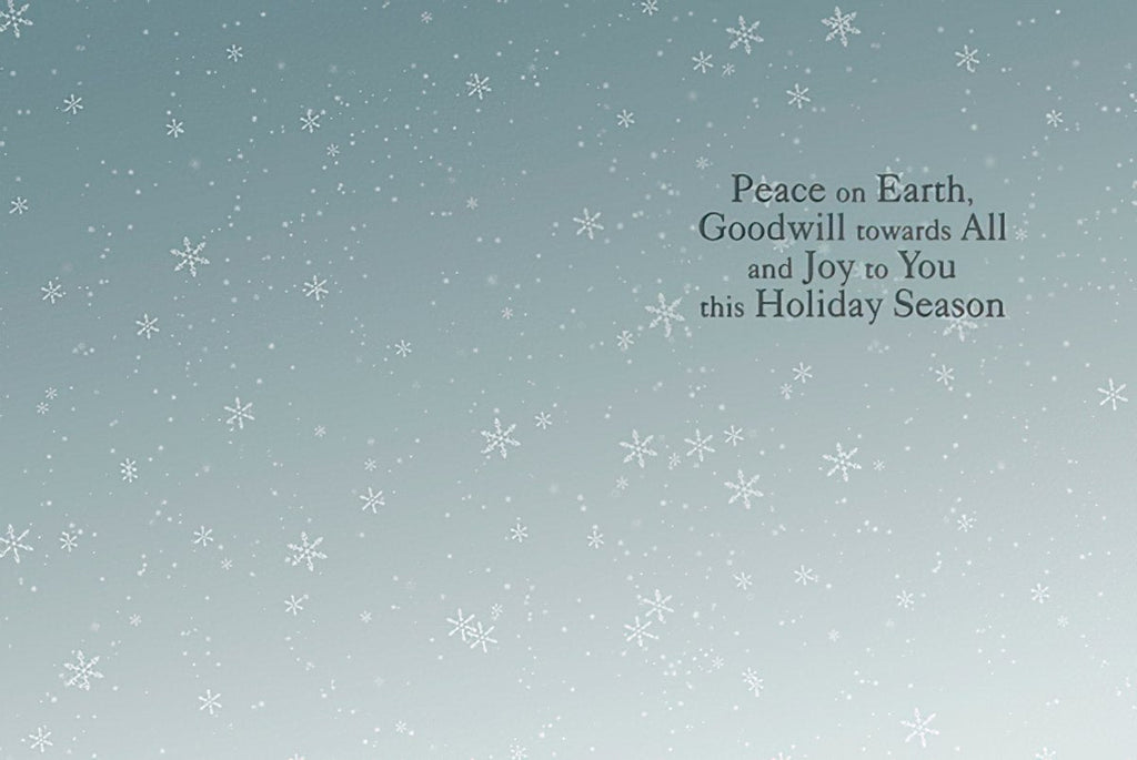 Inside of a holiday greeting card featuring a serene blue-grey background with delicate white snowflakes, and the heartfelt message 'Peace on Earth, Goodwill towards All and Joy to You this Holiday Season' elegantly printed.