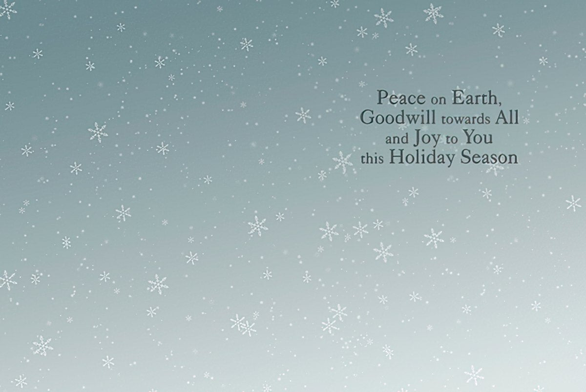 Inside of a holiday greeting card featuring a serene blue-grey background with delicate white snowflakes, and the heartfelt message 'Peace on Earth, Goodwill towards All and Joy to You this Holiday Season' elegantly printed.