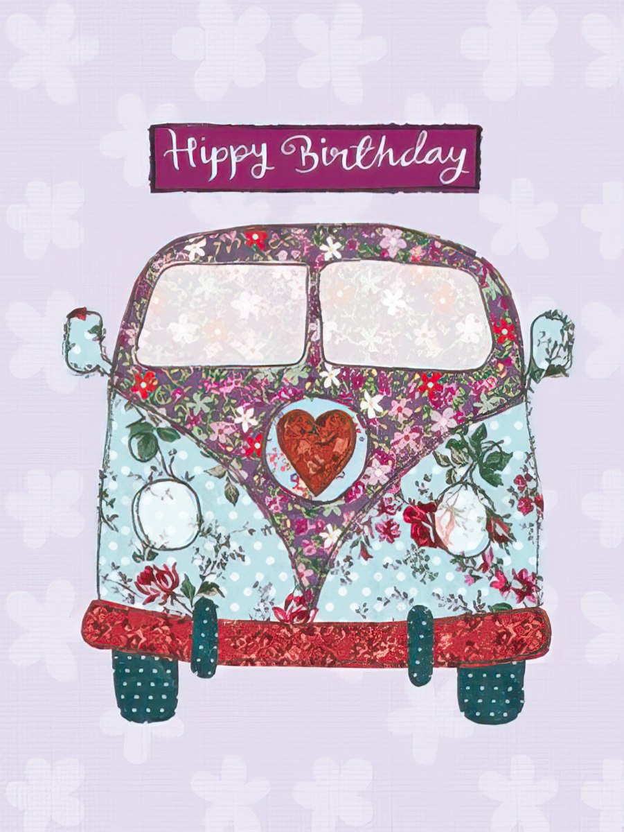 Front view of a vibrant, floral patterned Volkswagen van greeting card with 'Hippy Birthday' text, ideal for bohemian celebrations.
