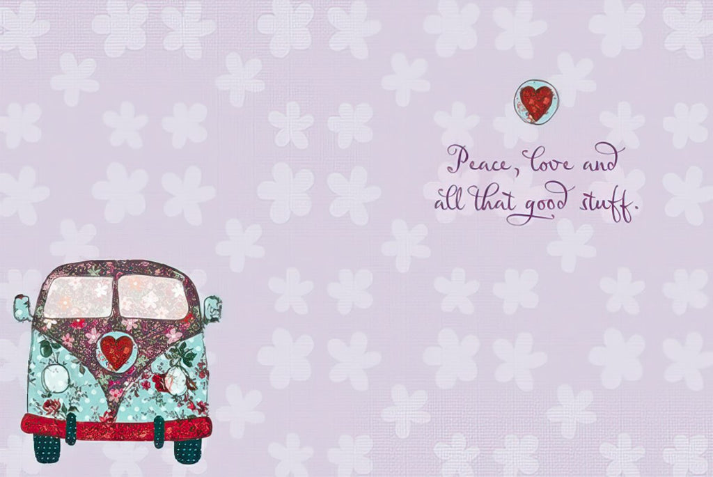 Inside of a light purple greeting card featuring a small floral VW bus and handwritten text 'Peace, love and all that good stuff.' for a groovy message.