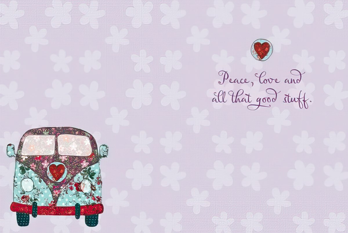 Inside of a light purple greeting card featuring a small floral VW bus and handwritten text 'Peace, love and all that good stuff.' for a groovy message.