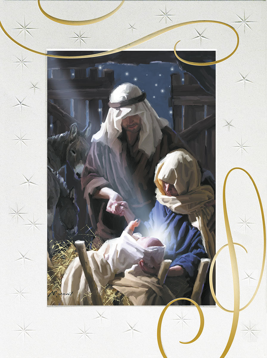 Nativity scene greeting card featuring Mary, Joseph, and baby Jesus glowing in a manger within a stable, adorned with elegant gold swirls and stars.