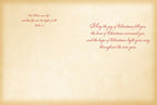 Inside of religious greeting card with scripture 'John 1:4' and a message 'May the joy of Christmas fill you...' on a vintage parchment background.