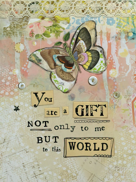 Front of a heartfelt friendship greeting card with a detailed butterfly, lace, and 'You are a GIFT' text on a vintage background.