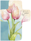 Religious comfort greeting card front featuring watercolor pink tulips, with text 'peace comfort hope' on a textured blue and cream background.