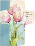 Religious comfort greeting card front featuring watercolor pink tulips, with text 'peace comfort hope' on a textured blue and cream background.