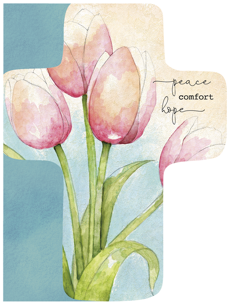 Religious comfort greeting card front featuring watercolor pink tulips, with text 'peace comfort hope' on a textured blue and cream background.