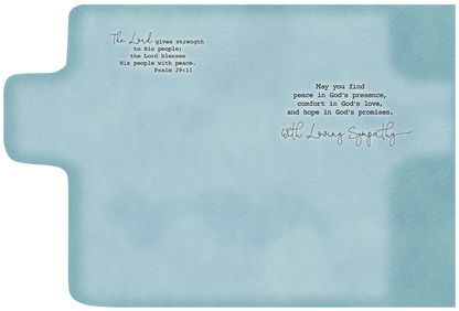 Inside of a religious sympathy card, light blue background, with Psalm 29:11 scripture and 'With Loving Sympathy' message.