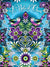 Purple, green, blue, and white floral design with two songbirds