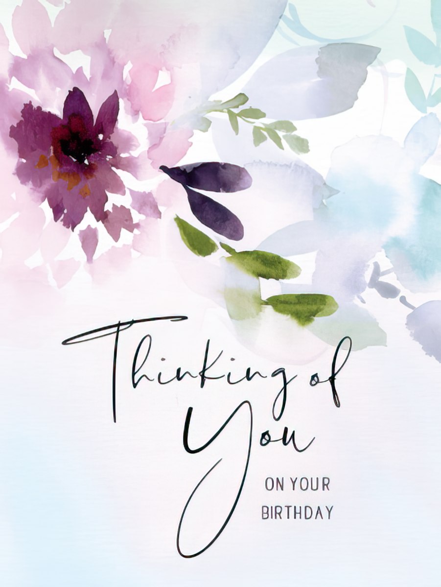 Front of a watercolor floral birthday card with soft purple, pink, and teal flowers. The card reads 'Thinking of You ON YOUR BIRTHDAY' in elegant script.