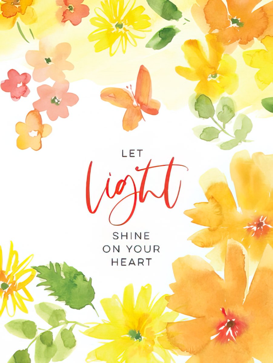 Front of 'Sending Sunshine' encouraging card with vibrant watercolor yellow and orange flowers, a graceful butterfly, and the uplifting message 'LET LIGHT SHINE ON YOUR HEART'.