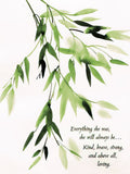 Front of a heartfelt sympathy card featuring delicate watercolor green leaves and comforting message 'Everything she was, she will always be... Kind, brave, strong, and above all, loving.' Perfect for remembering a cherished her.