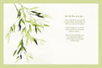 Inside of a thoughtful remembrance card with elegant watercolor green leaf design. The heartfelt message reads 'Her love lives on in you... May it speak to you gently in quiet times, reminding you that you are never alone. May it bring you comfort and sustain you through times of tears... May it shine through you as a beautiful legacy of the light she brought to this world.' Offering solace for loss.