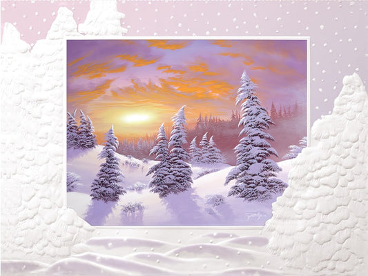 Snow-Covered Pines at Sunrise Embossed Christmas Card